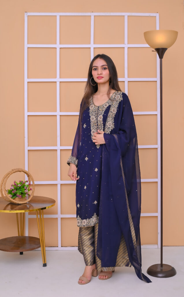 Three Piece With  Zari Work and Jamawar Pajama