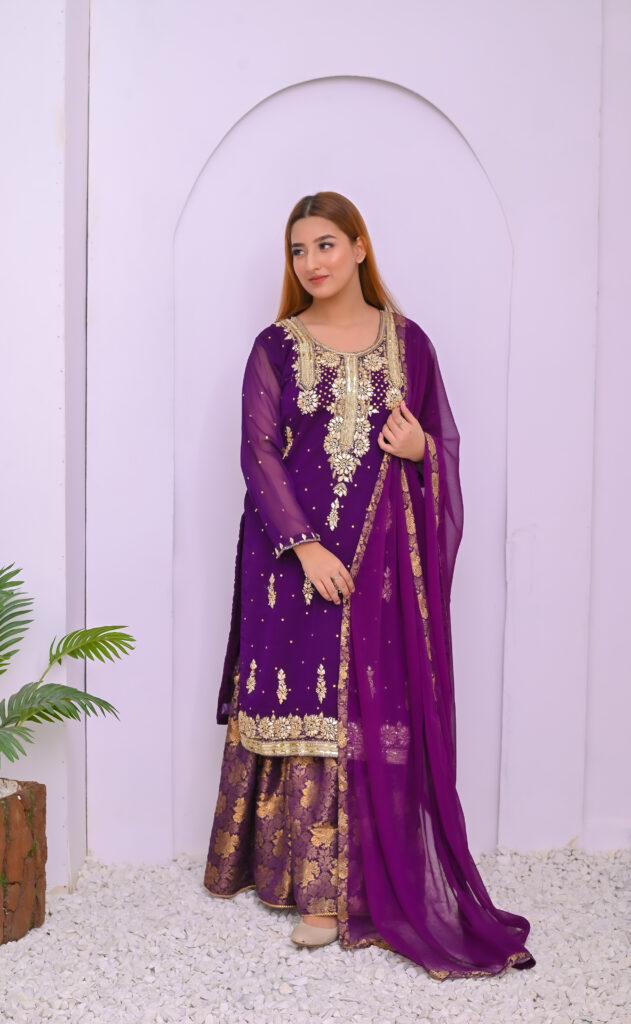 Purple Zari and Tila work with Banarsi Farshi Garara