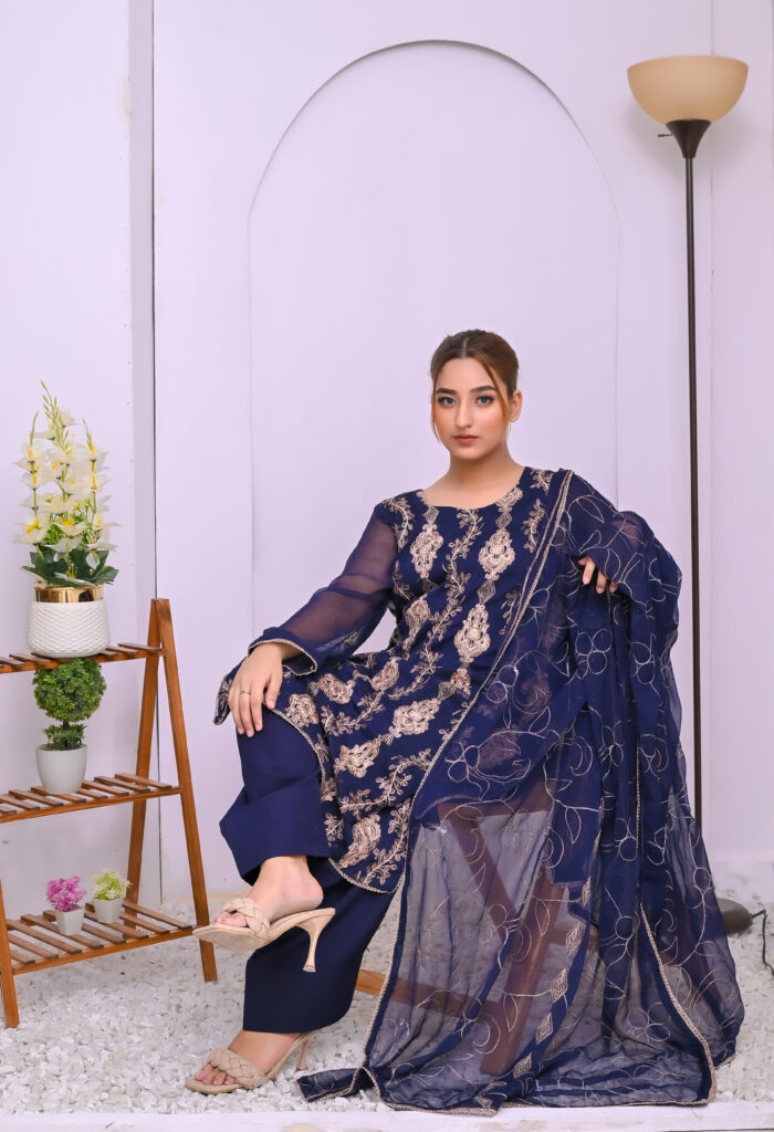 Three Piece Festive Blue with Karhai Suit