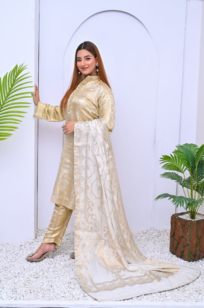 3 Piece Straight Cut Golden Dress With White Contrast Dupatta