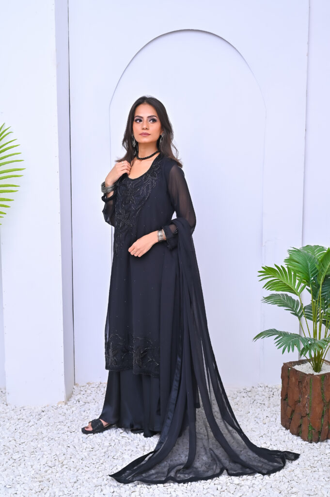 Semi Silk 3 piece with Black Moti and  Sequence work
