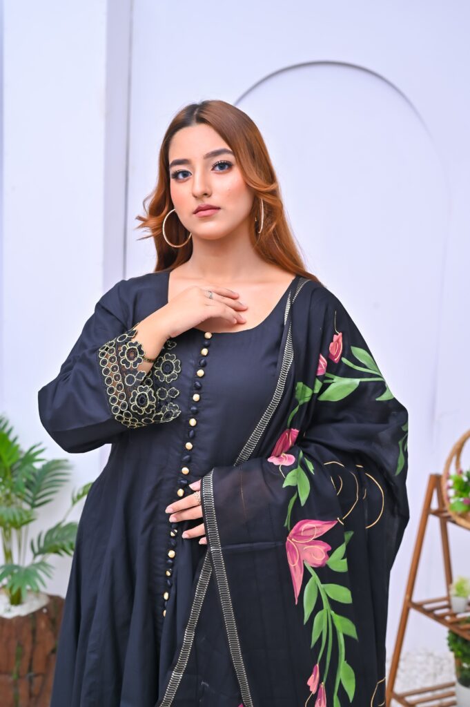 Long Maxi Style Dress with Printed Dupatta