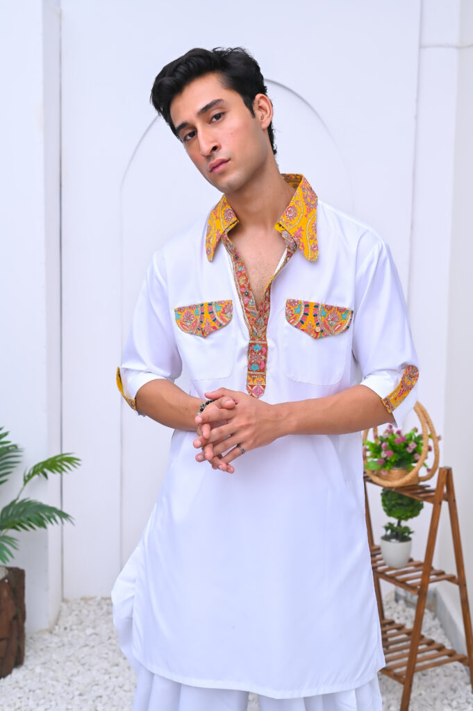 Cotton Kurta and Dhoti Shalwar with Yellow Accents