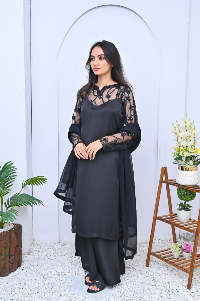 Black two-piece dress with Sheer Shoulders