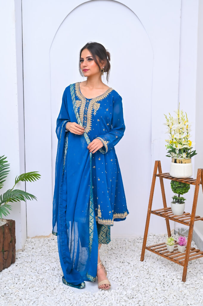 Blue A line Festive Three Piece Dress with Banarsi Straight Trousers
